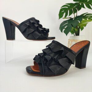 Chie Mihara Women's Aikiki Black Leather Tiered Ruffle Sandals Size 10